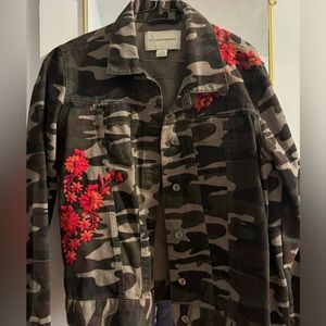 Anthro Pilcro and the Letterpress Denim Camo Print Jacket Red Floral Embroidery